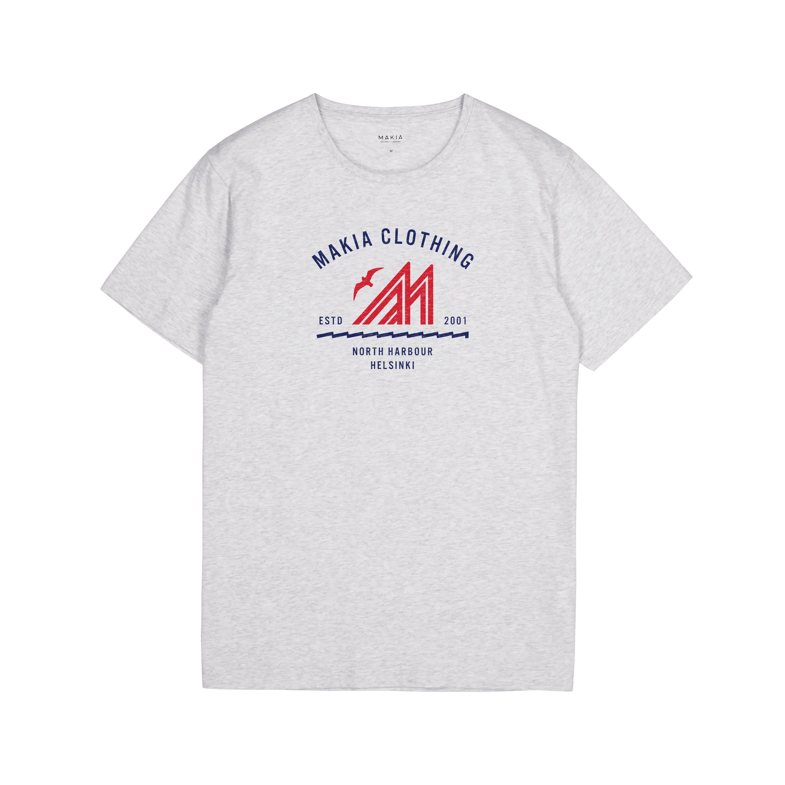 Light grey cotton t-shirt with red and navy and navy Merenkävijät print on chest