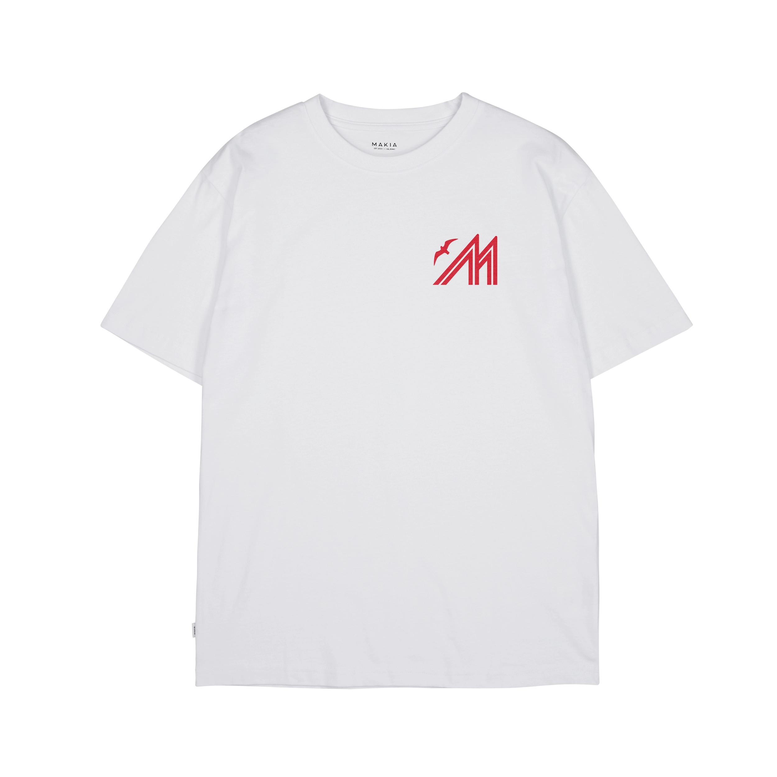 White cotton t-shirt with small red Merenkävijät print on left chest