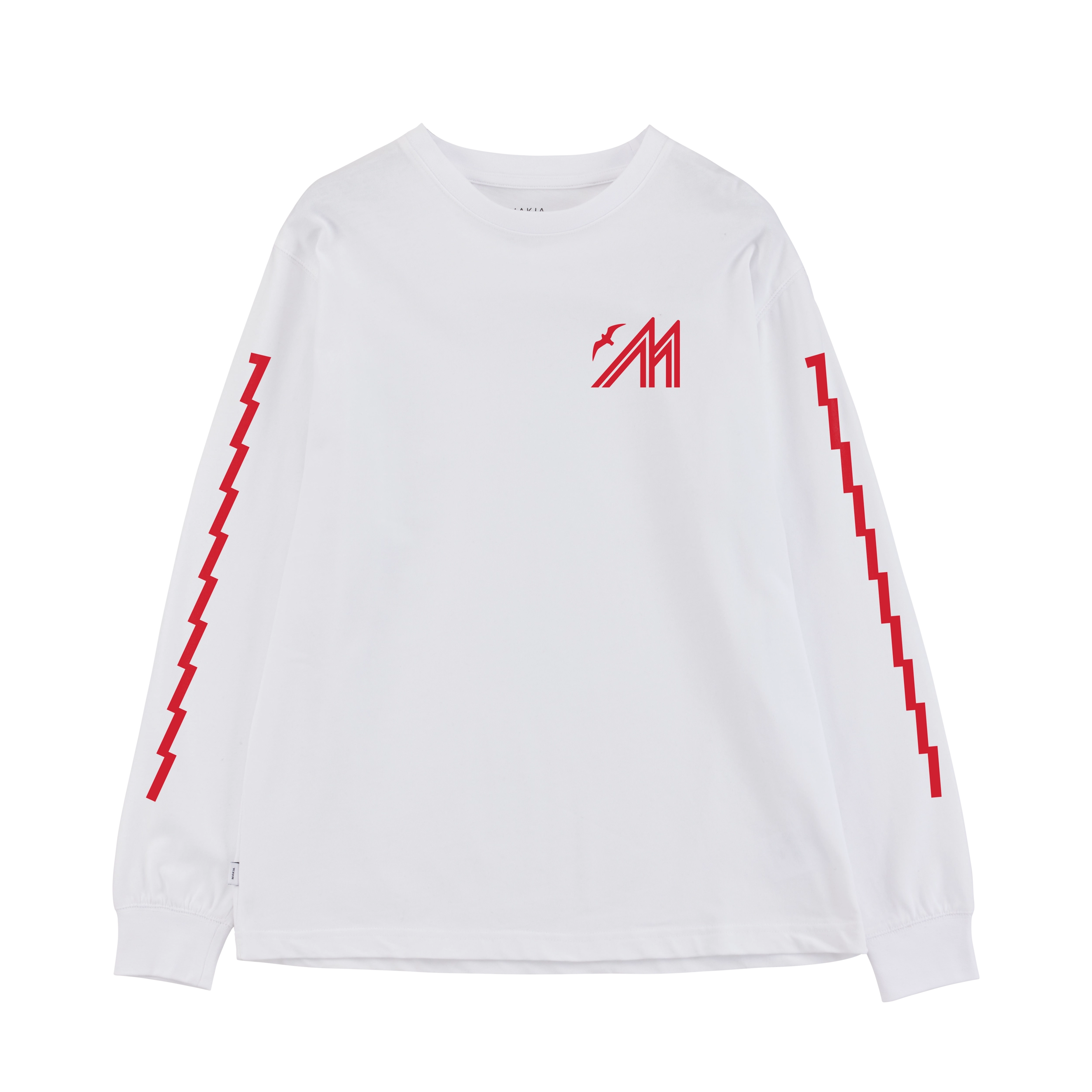 White long sleeve shirt with Merenkävijät print on back in navy and red