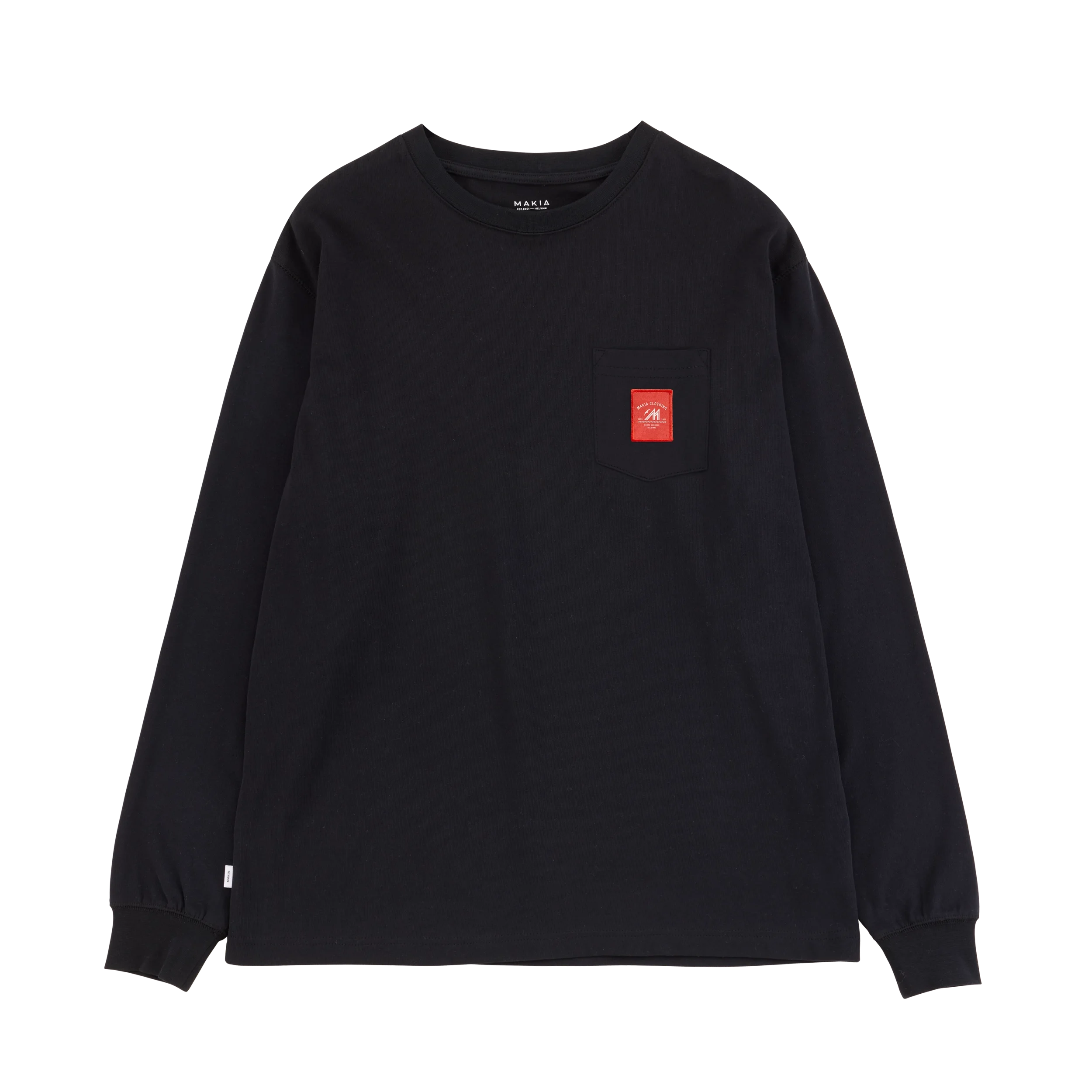 Black sweatshirt with a red Merenkävijät label on the chest pocket