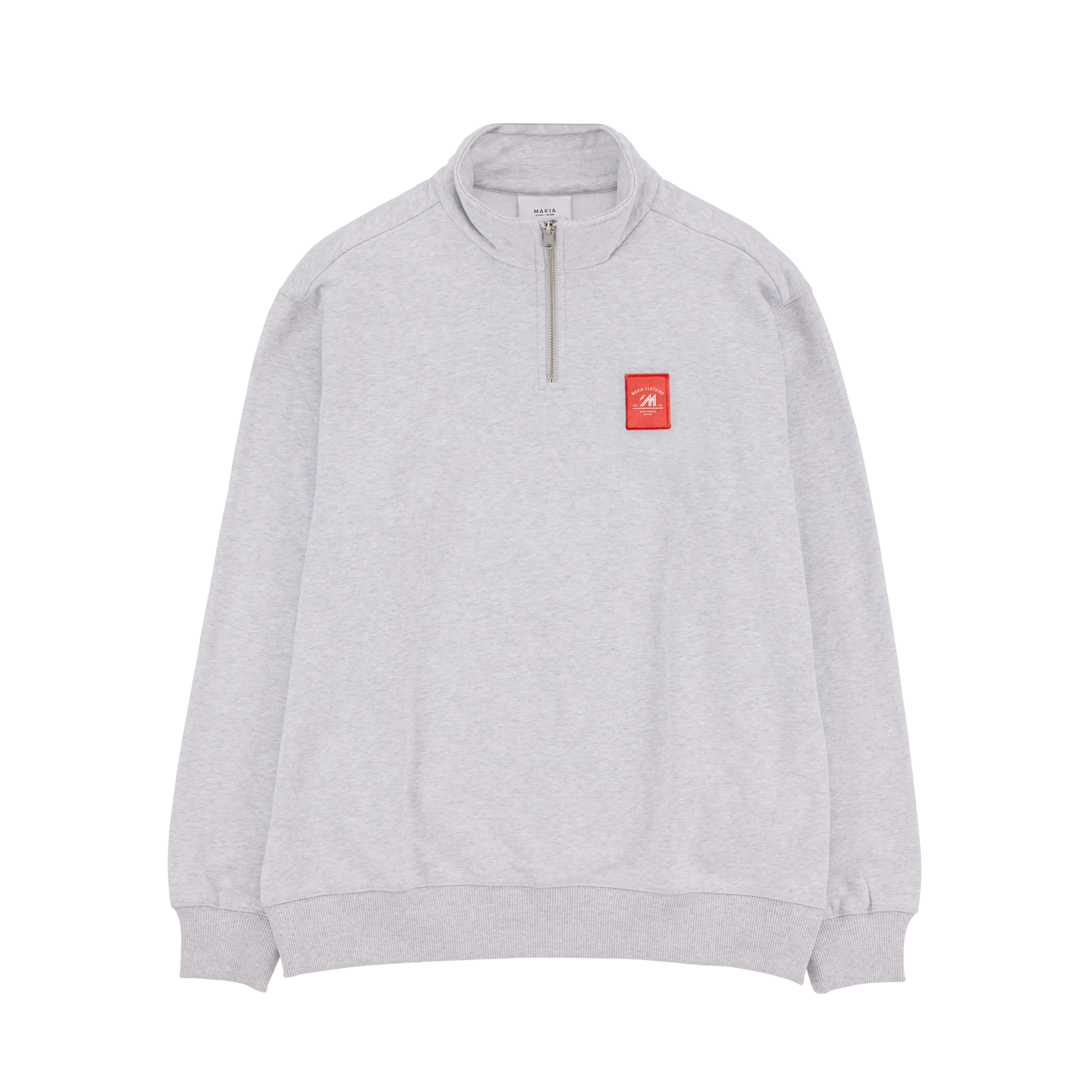 Light grey haft zip sweatshirt with small red Merenkävijät label on chest