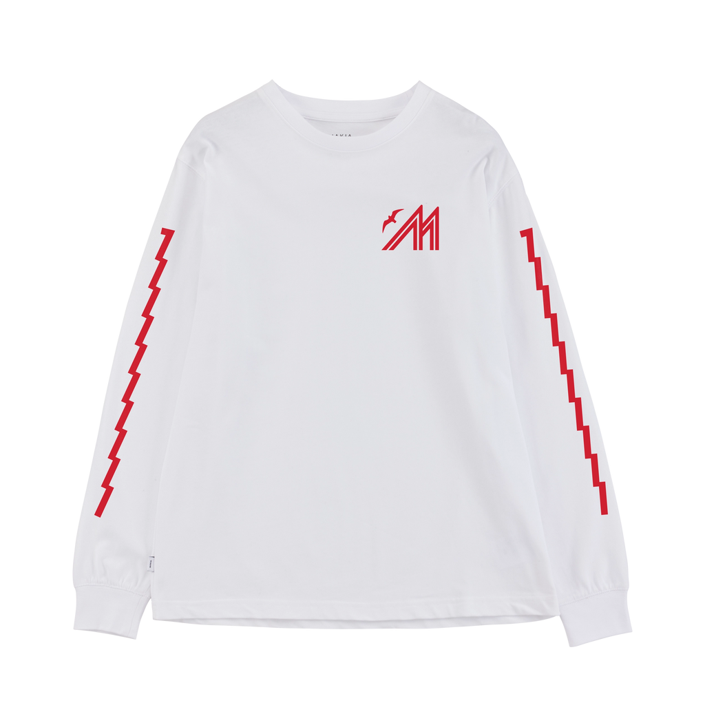 White long sleeve shirt with Merenkävijät print on back in navy and red
