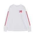 White long sleeve shirt with Merenkävijät print on back in navy and red