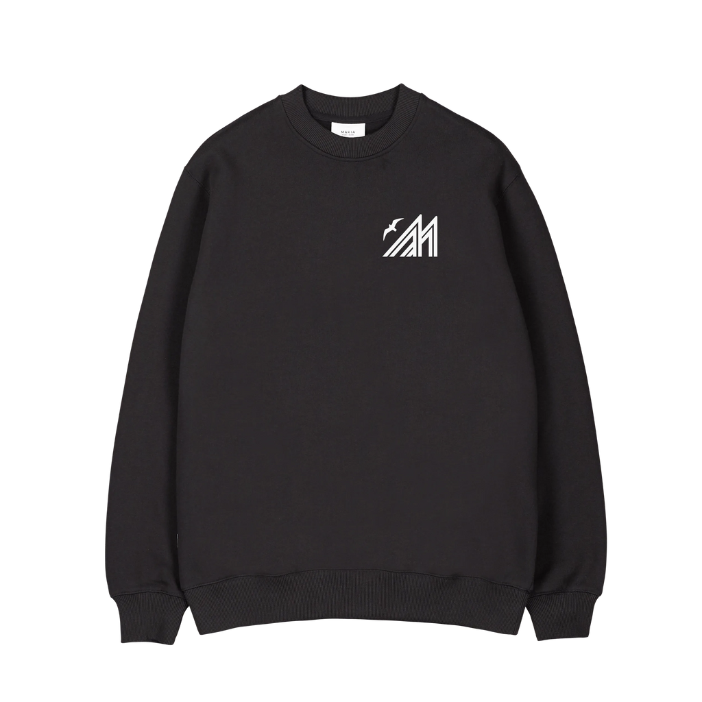 Black sweatshirt with small white Merenkävijät logo print on chest