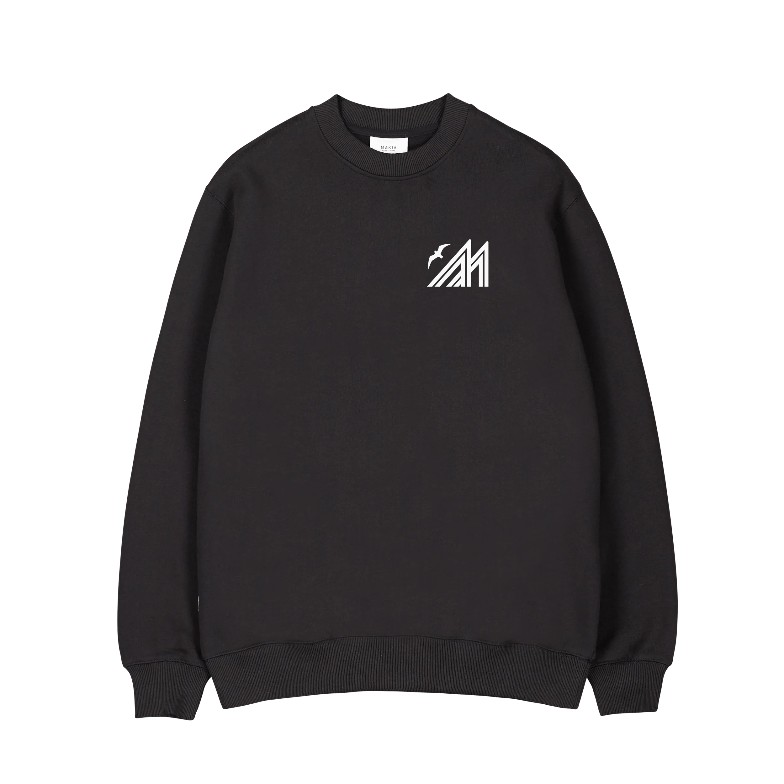 Black sweatshirt with small white Merenkävijät logo print on chest