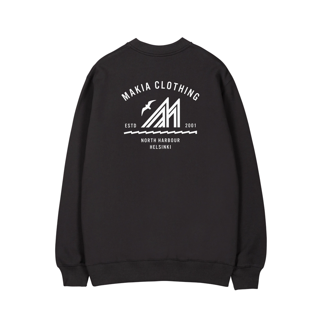 Black sweatshirt with small white Merenkävijät logo print on chest