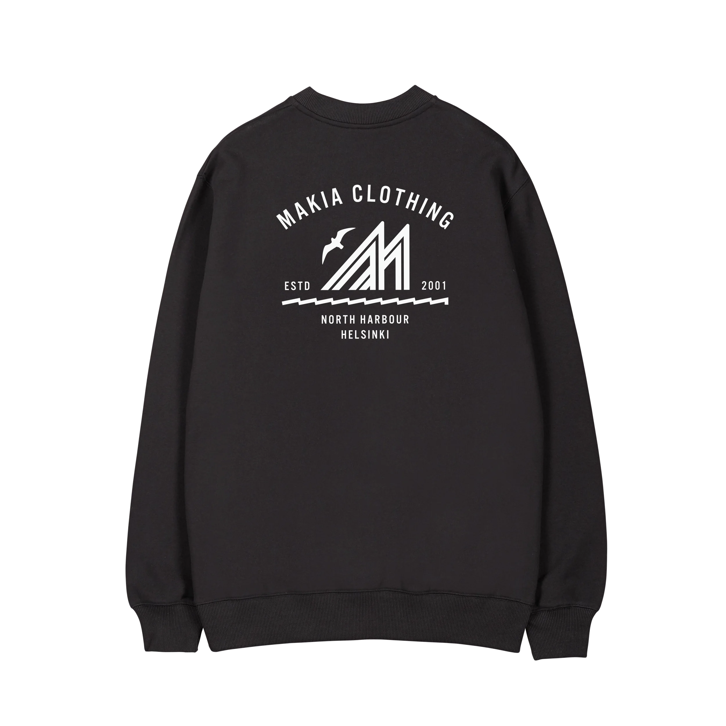 Black sweatshirt with small white Merenkävijät logo print on chest