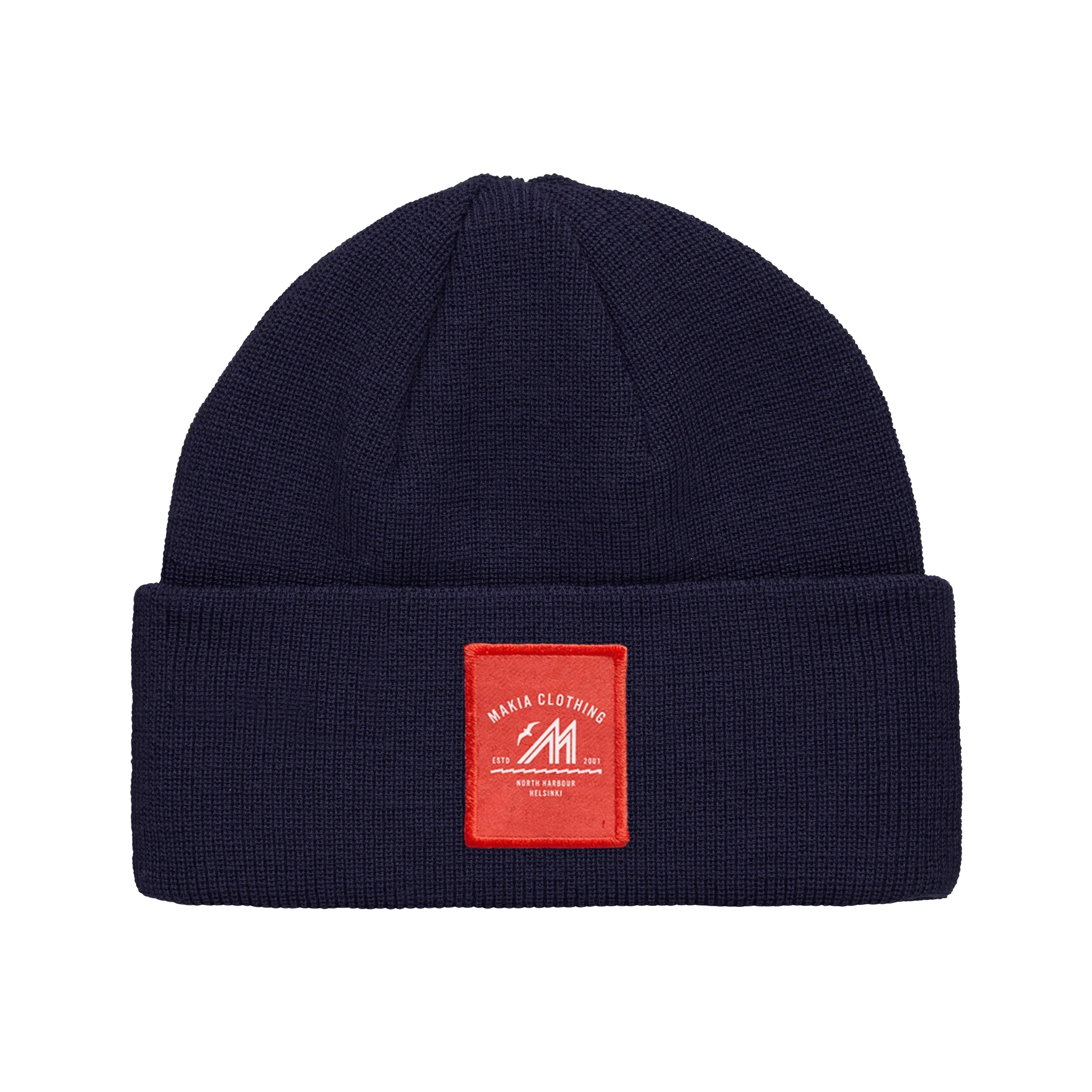 Navy merino beanie with red merenkävijät label in front